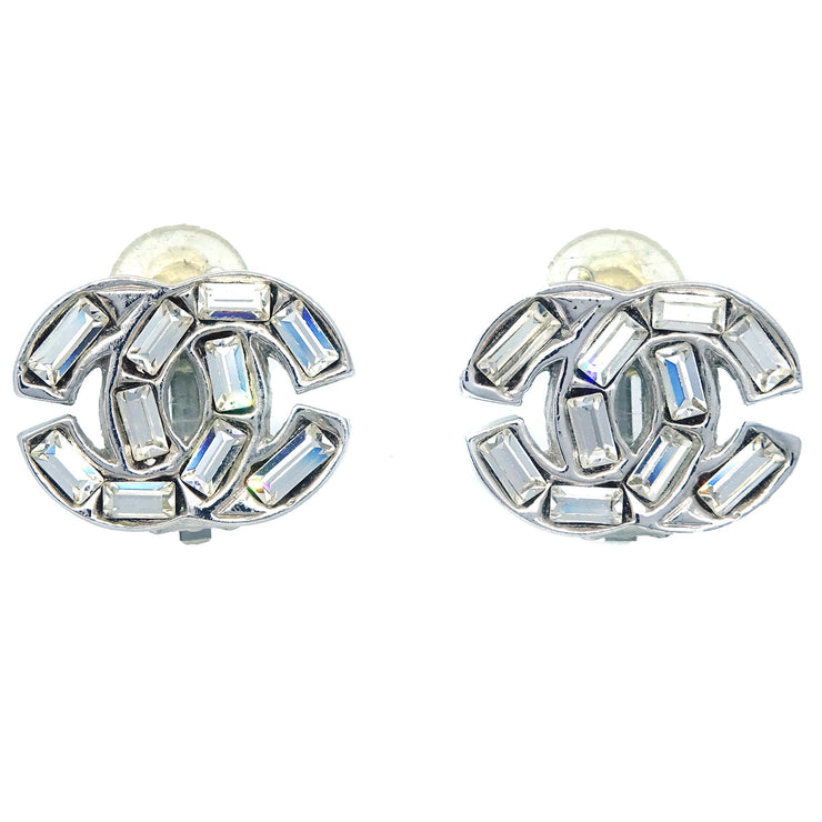 Chanel CC Rhinestone Earrings Clip-On Silver 01P