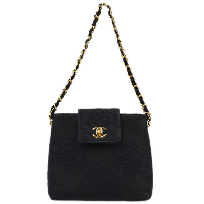 Chanel 1997-1999 Black Canvas Camelia Chain Handbag