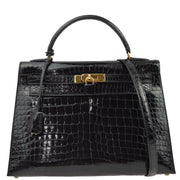 Hermes * 1992 Black Porosus Kelly 32 Sellier 2way Shoulder Handbag