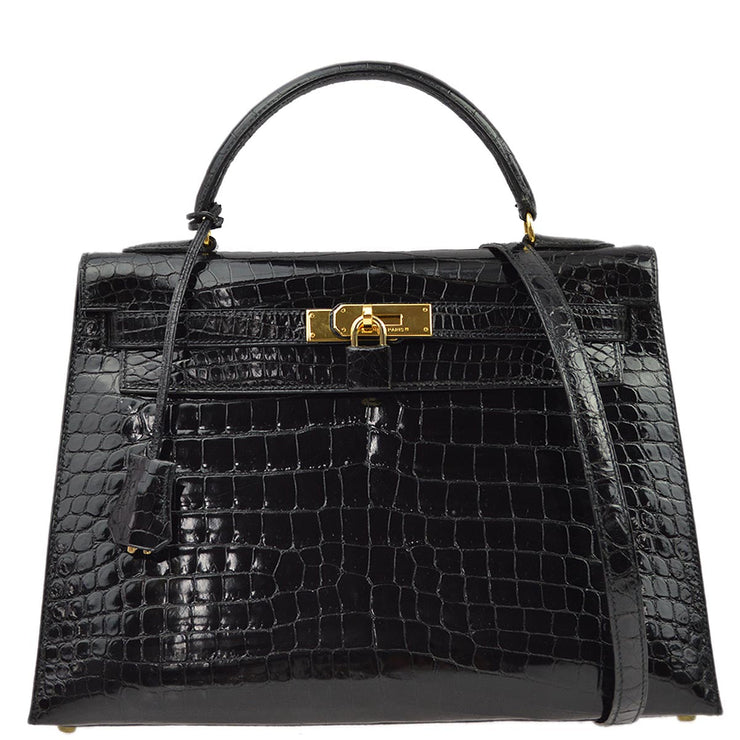 Hermes * 1992 Black Porosus Kelly 32 Sellier 2way Shoulder Handbag