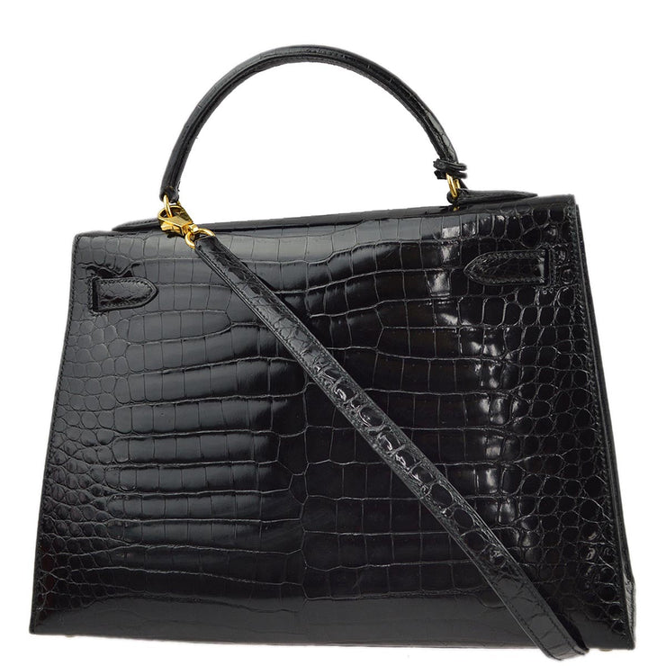 Hermes * 1992 Black Porosus Kelly 32 Sellier 2way Shoulder Handbag