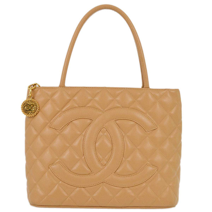 Chanel 2003-2004 Beige Caviar Medallion Tote Handbag