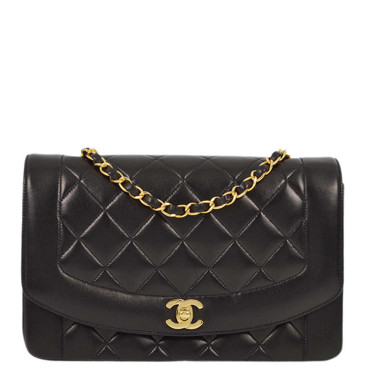 Chanel 1991-1994 Black Lambskin Medium Diana Shoulder Bag