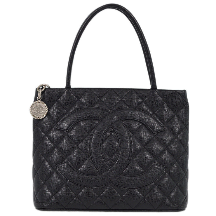 Chanel 2000-2001 Black Caviar Medallion Tote Handbag