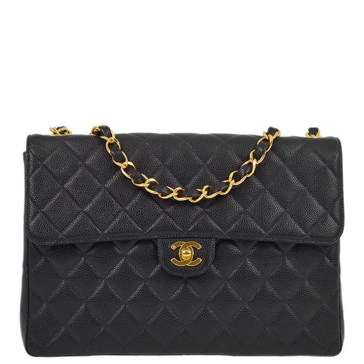 Chanel 2000-2001 Black Caviar Jumbo Classic Flap Shoulder Bag