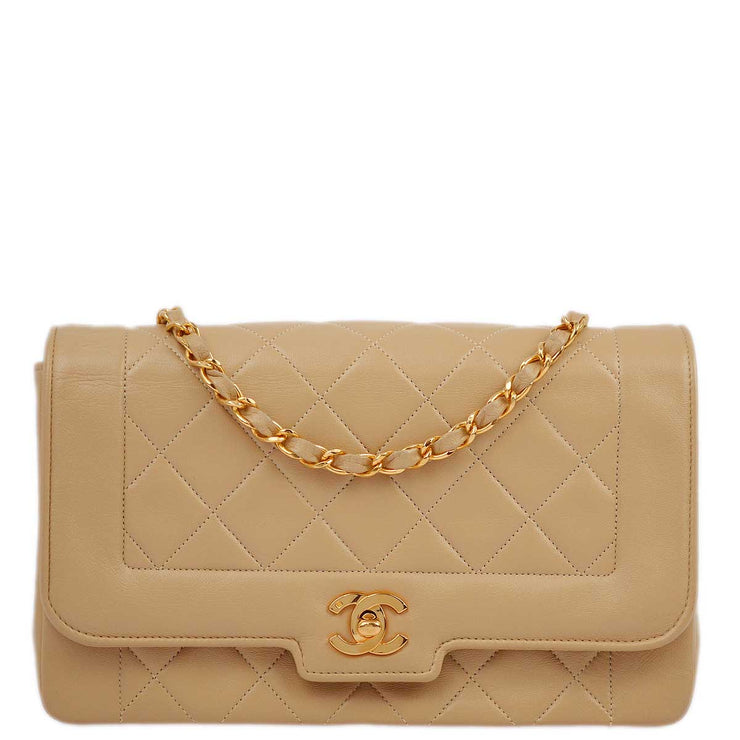 Chanel 1989-1991 Beige Lambskin Border Flap Shoulder Bag Medium