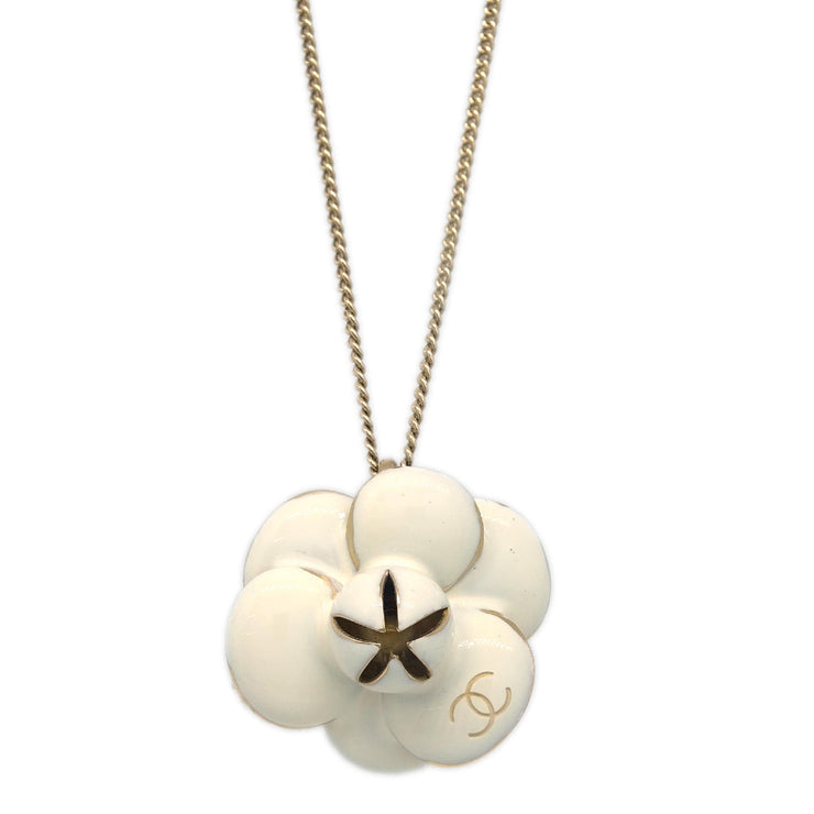 Chanel Camellia Pendant Necklace Gold White 02P