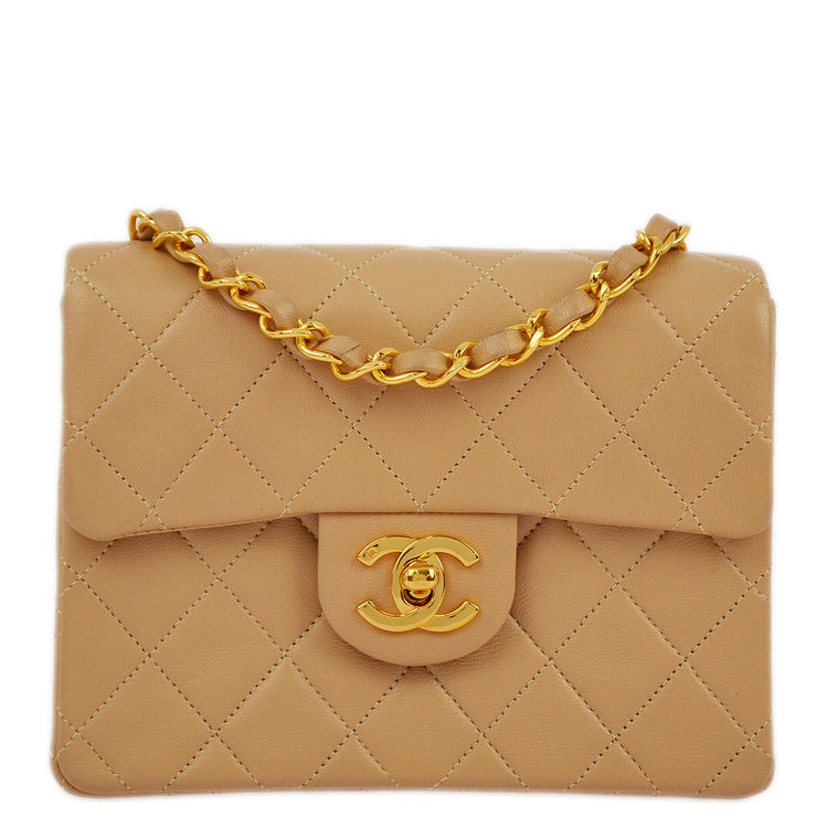 Chanel 1989-1991 Beige Lambskin Mini Classic Square Flap Shoulder Bag 17