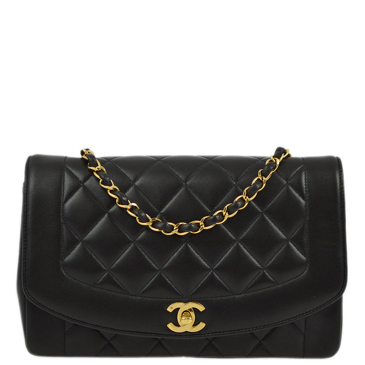 Chanel 1991-1994 Black Lambskin Medium Diana Shoulder Bag