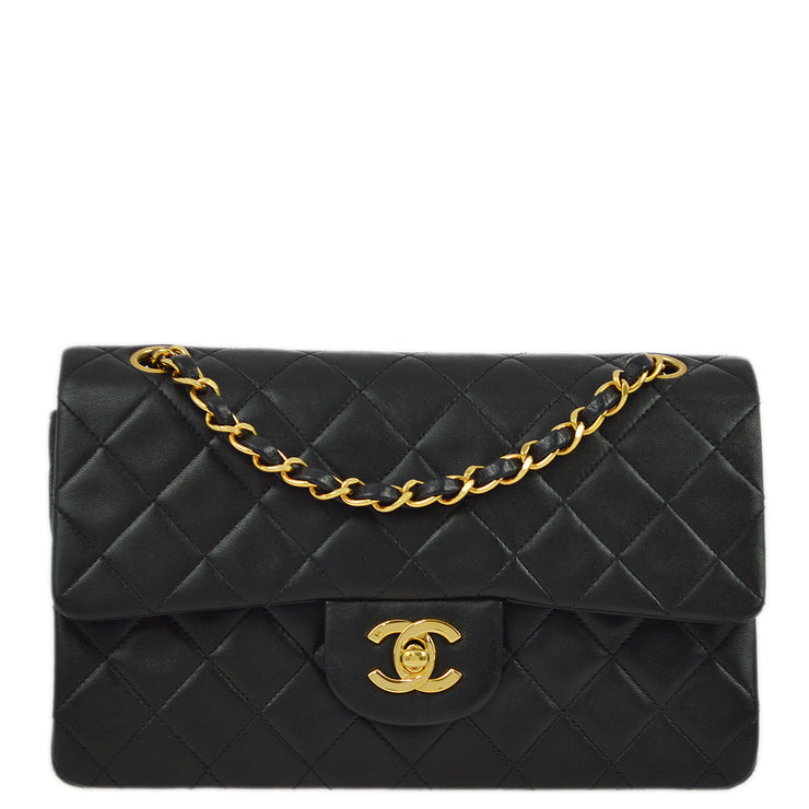 Chanel 1991-1994 Black Lambskin Small Classic Double Flap Shoulder Bag