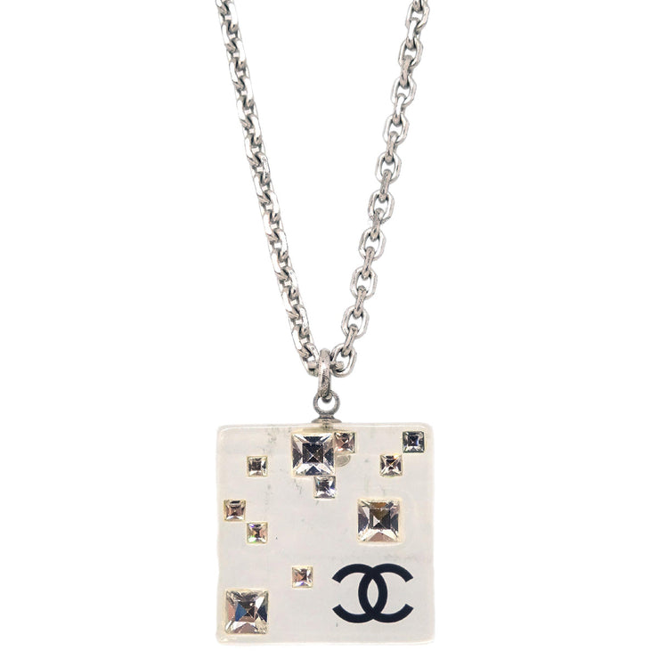 Chanel Silver Square Necklace Pendant Rhinestone 05A