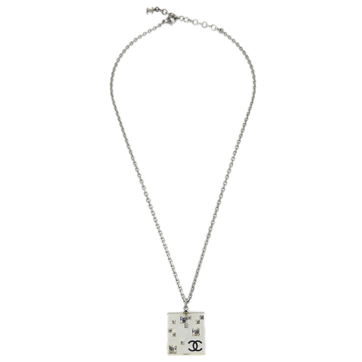 Chanel Silver Square Necklace Pendant Rhinestone 05A