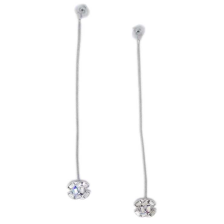 Chanel Dangle Piercing Earrings Rhinestone Silver 01P