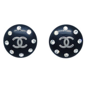 Chanel Button Earrings Clip-On Rhinestone Black 96P