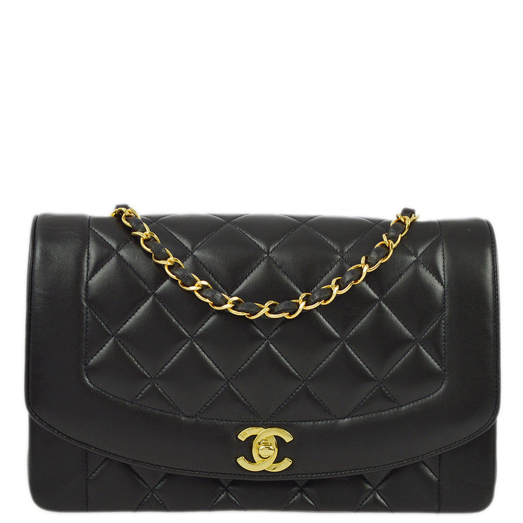 Chanel 1991-1994 Black Lambskin Medium Diana Shoulder Bag