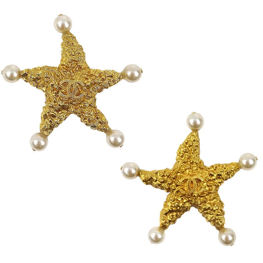 Chanel Costume Pearl Star Clip-On Earrings Gold 93C