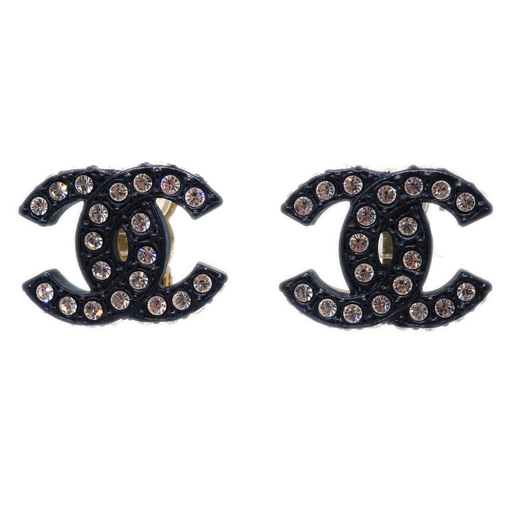 Chanel Black CC Earrings Rhinestone Clip-On 02A