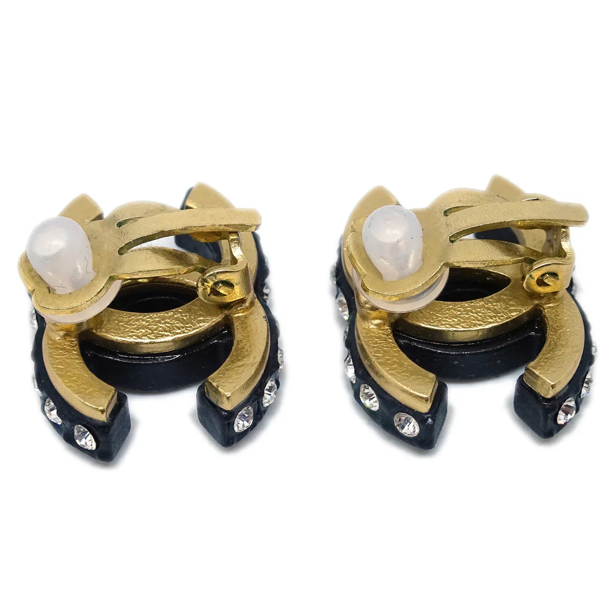 Chanel Black CC Earrings Rhinestone Clip-On 02A