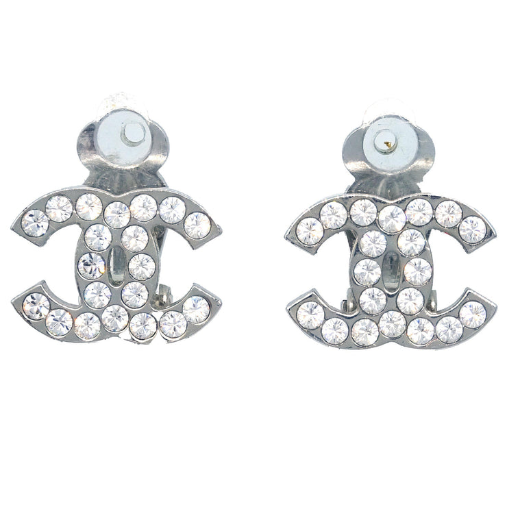 Chanel CC Rhinestone Earrings Clip-On Silver 06V