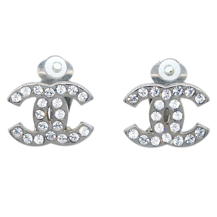 Chanel CC Rhinestone Earrings Clip-On Silver 08V