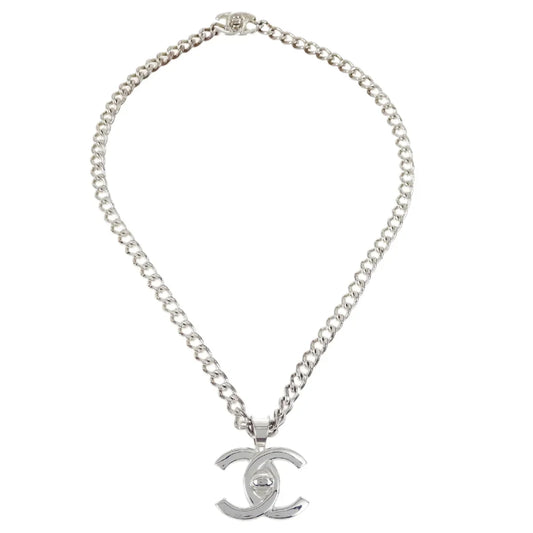 Chanel Turnlock Chain Pendant Necklace Silver 97P