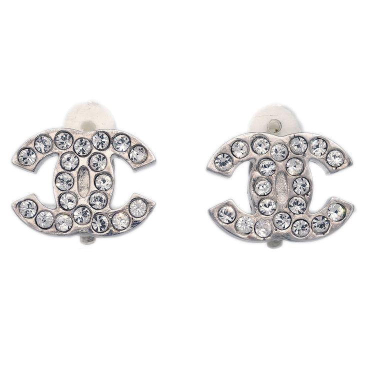 Chanel CC Rhinestone Earrings Clip-On Silver 07V