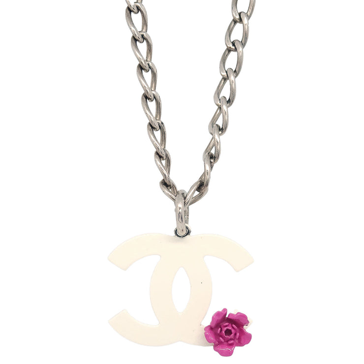 Chanel Camellia CC Chain Necklace Pendant White 04P