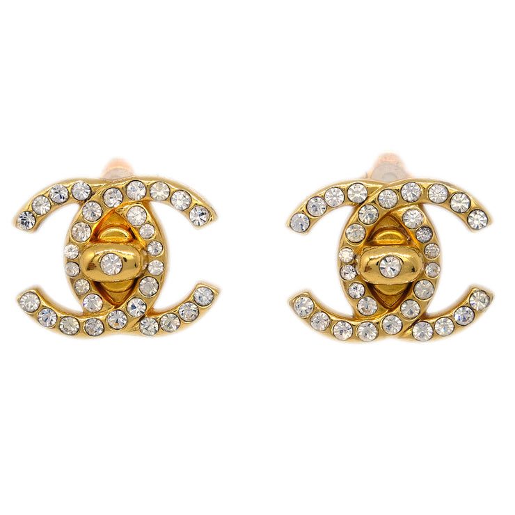 Chanel Gold CC Turnlock Earrings Rhinestone Clip-On 96A