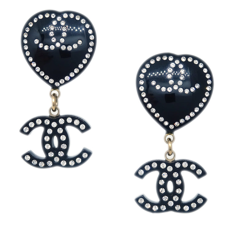 Chanel Rhinestone Heart Dangle Earrings Clip-On Black 09C