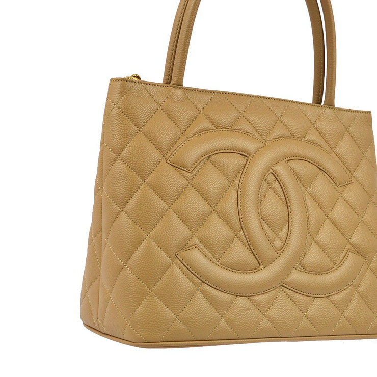 Chanel 2005-2006 Beige Caviar Medallion Tote Handbag