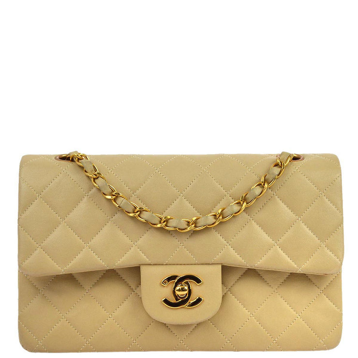 Chanel 1994-1996 Beige Lambskin Small Classic Double Flap Shoulder Bag