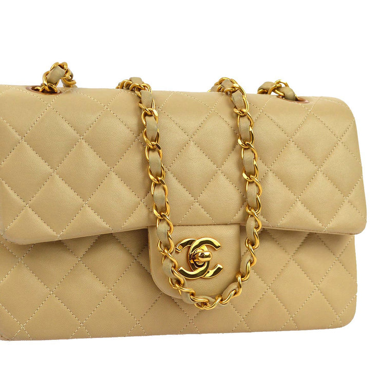 Chanel 1994-1996 Beige Lambskin Small Classic Double Flap Shoulder Bag