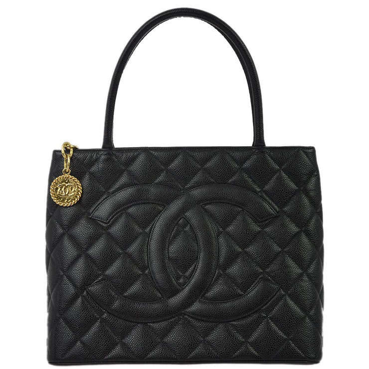 Chanel 2001-2003 Black Caviar Medallion Tote Handbag