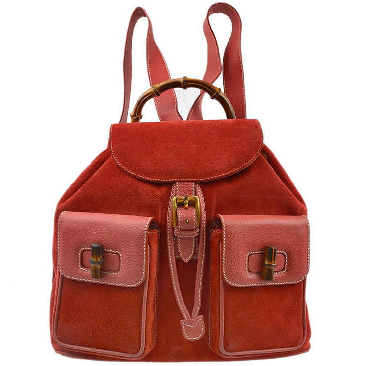 Gucci Red Suede Bamboo Backpack