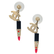 Chanel Lipstick Dangle Piercing Earrings Rhinestone Gold 04A