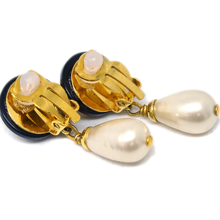 Chanel Artificial Pearl Dangle Earrings Clip-On Gold 95A