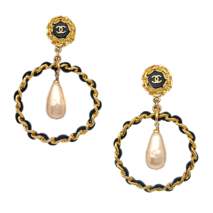 Chanel Dangle Hoop Earrings Gold Artificial Pearl Clip-On 27