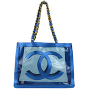 Chanel 1994-1996 Metallic Blue Vinyl Lambskin Shoulder Tote Bag