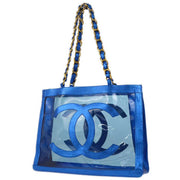 Chanel 1994-1996 Metallic Blue Vinyl Lambskin Shoulder Tote Bag