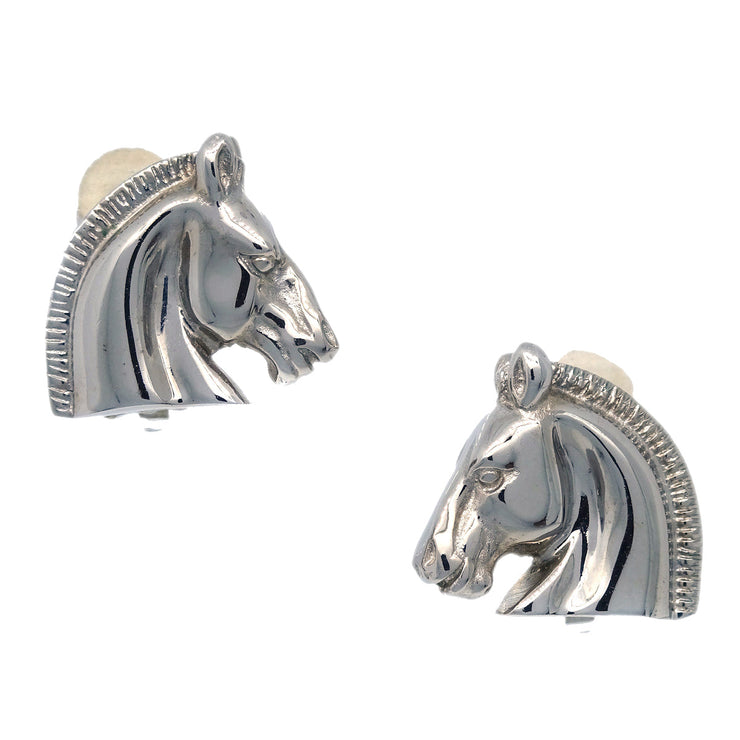 Hermes Bijouterie Fantaisie Horse Head Earrings Clip-On Silver