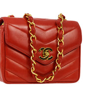 Chanel 1994-1996 Red Lambskin Chevron Chain Shoulder Bag