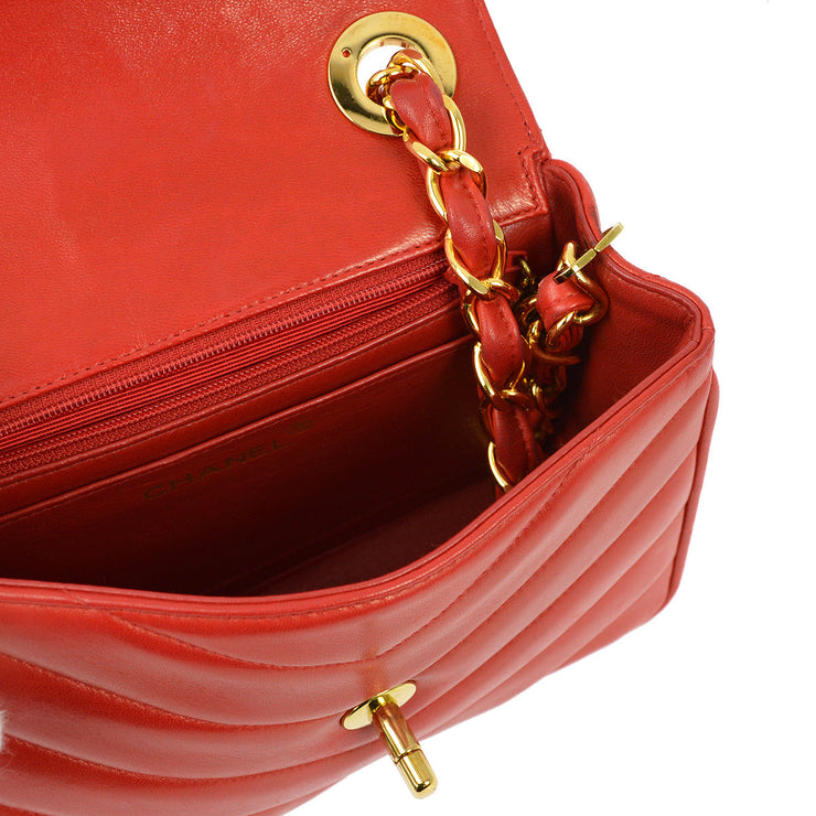 Chanel 1994-1996 Red Lambskin Chevron Chain Shoulder Bag