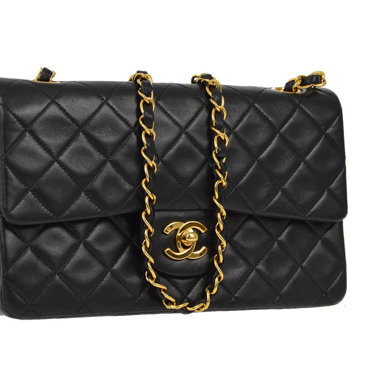 Chanel 1991-1994 Black Lambskin Small Classic Double Flap Shoulder Bag