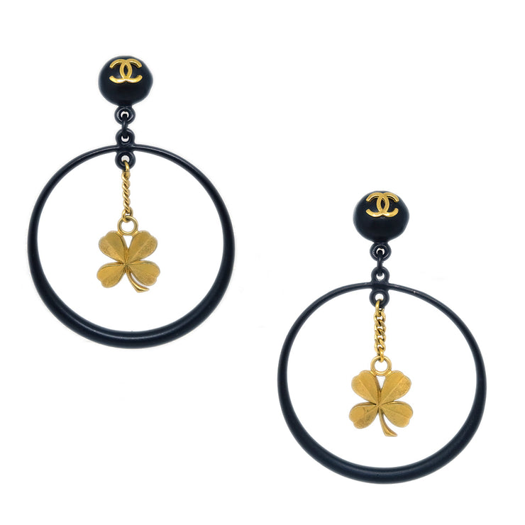 Chanel Black Clover Hoop Dangle Earrings Clip-On 94C