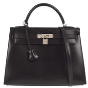 Hermes * 2003 Black Box Calf Kelly 32 Guilloche Sellier Handbag