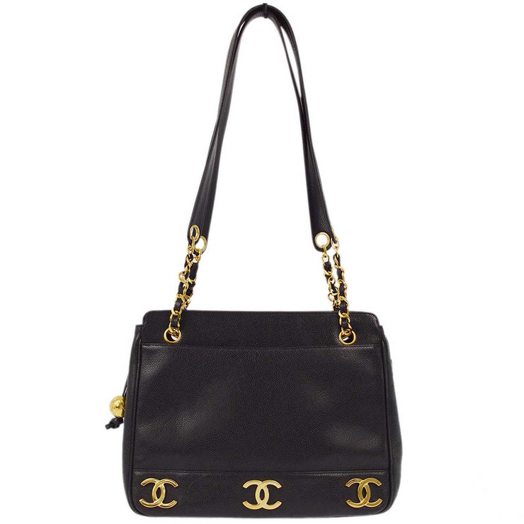 Chanel 1994-1996 Black Caviar Triple CC Shoulder Tote Bag