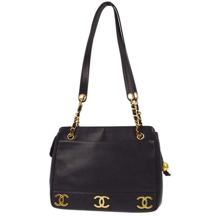 Chanel 1994-1996 Black Caviar Triple CC Shoulder Tote Bag