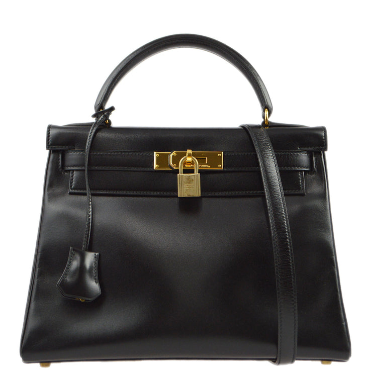 Hermes 1991 Black Box Calf Kelly 28 Retourne 2way Shoulder Handbag