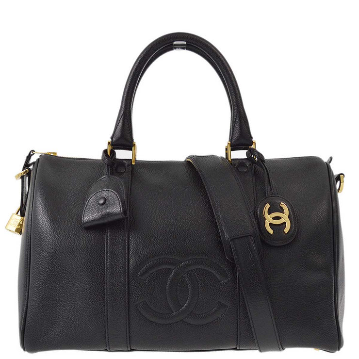 Chanel 1997-1999 Black Caviar 2way Duffle Shoulder Handbag