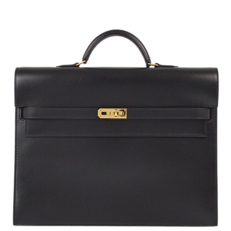 Hermes 2005 Black Box Calf Kelly Depeches 34 Briefcase